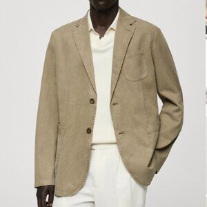 Mango Olive Green Washed Effect Cotton-Linen Blend Blazer in Size 40